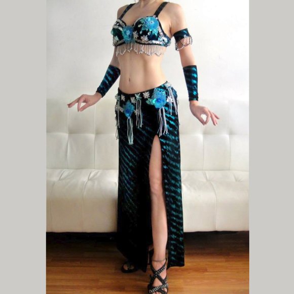 Ameynra Belly Dance Costume Black Velvet Full Set - Picture 2 of 5